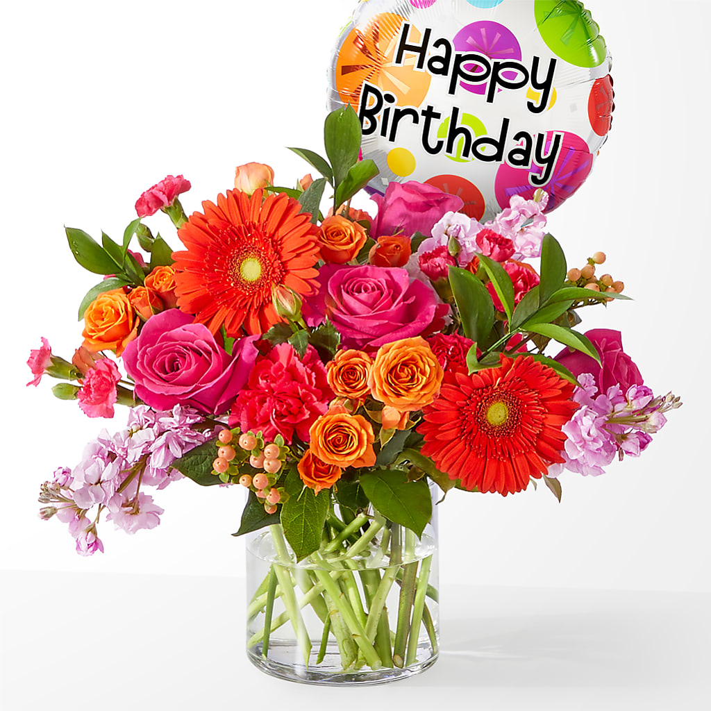 Fiesta Bouquet with Birthday Balloon – Flowers By Vee, Tracy CA