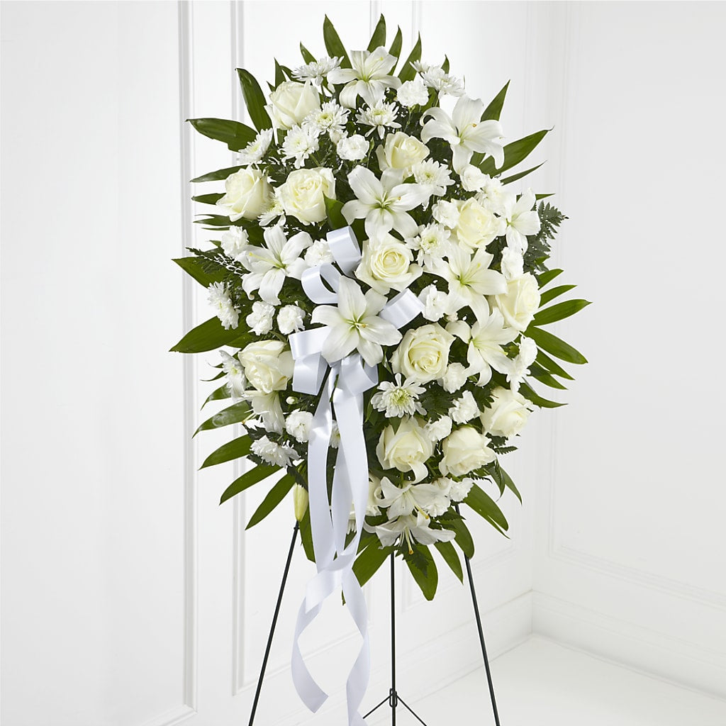 Exquisite Tribute Standing Spray-White Ribbon – Flowers By Vee, Tracy CA