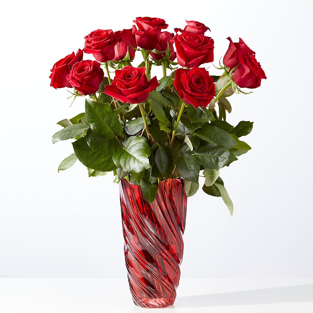 Classic Love Red Rose Bouquet with Luxe Swirl Vase – Flowers By Vee, Tracy CA