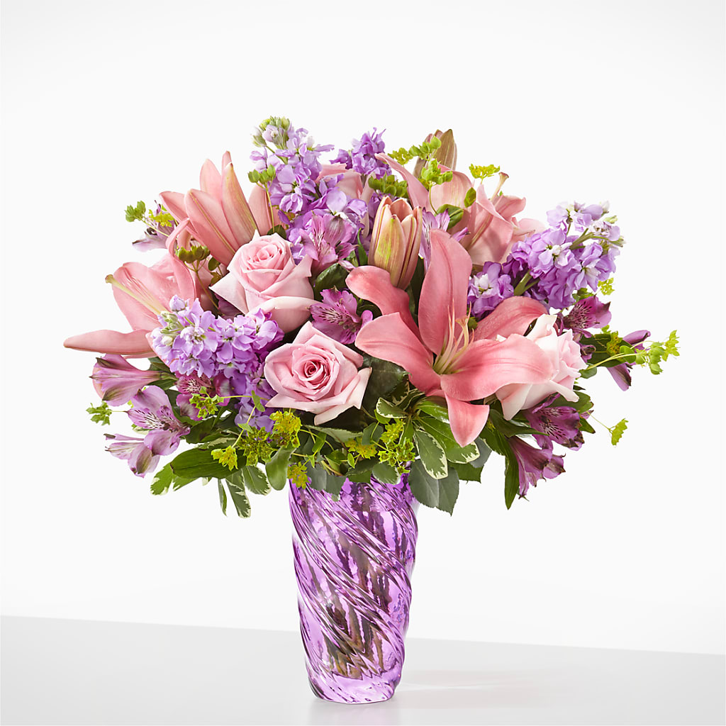 Precious Petals Bouquet with Luxe Swirl Vase – Flowers By Vee, Tracy CA